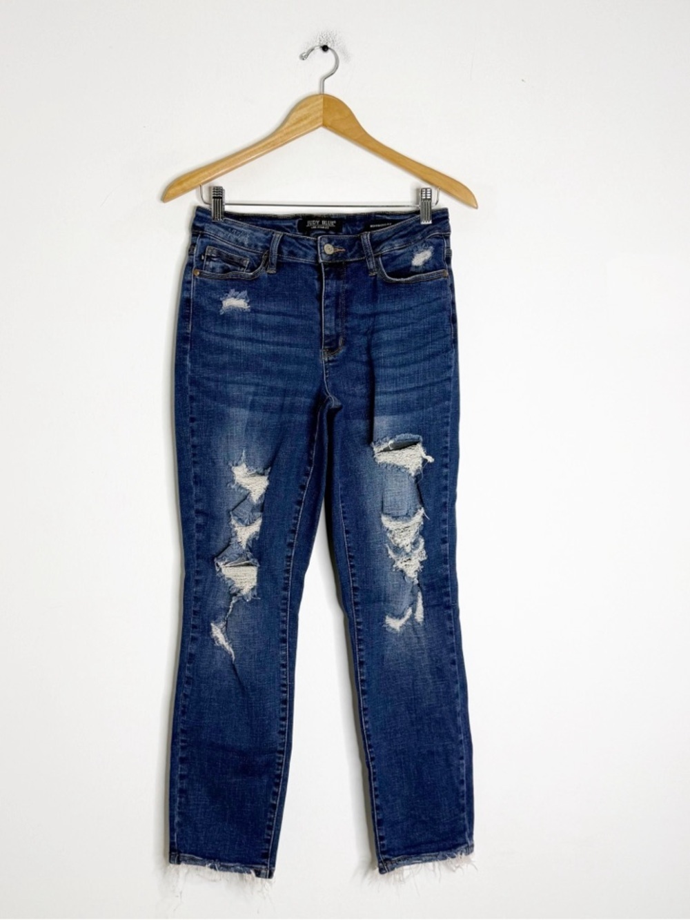 Judy Blue Boyfriend Jeans 7/28 Distressed Stretch Denim Raw Hem Mid Rise